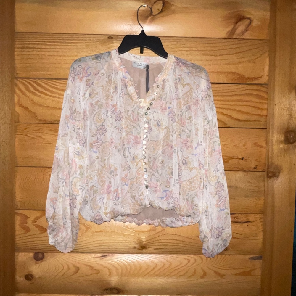Boutique multicolor, paisley button, front crop top size small